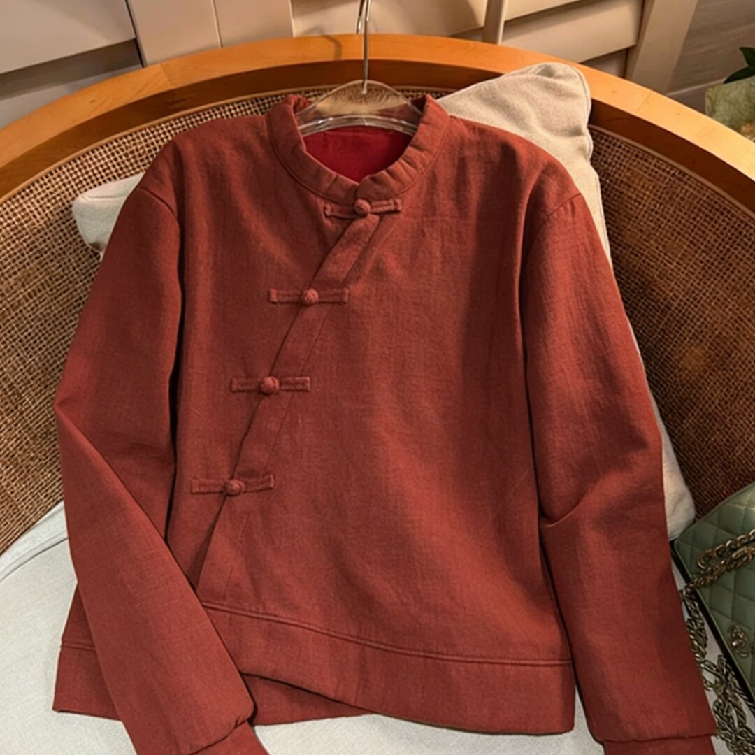 国风禅意复古加厚保暖盘扣衬衫女