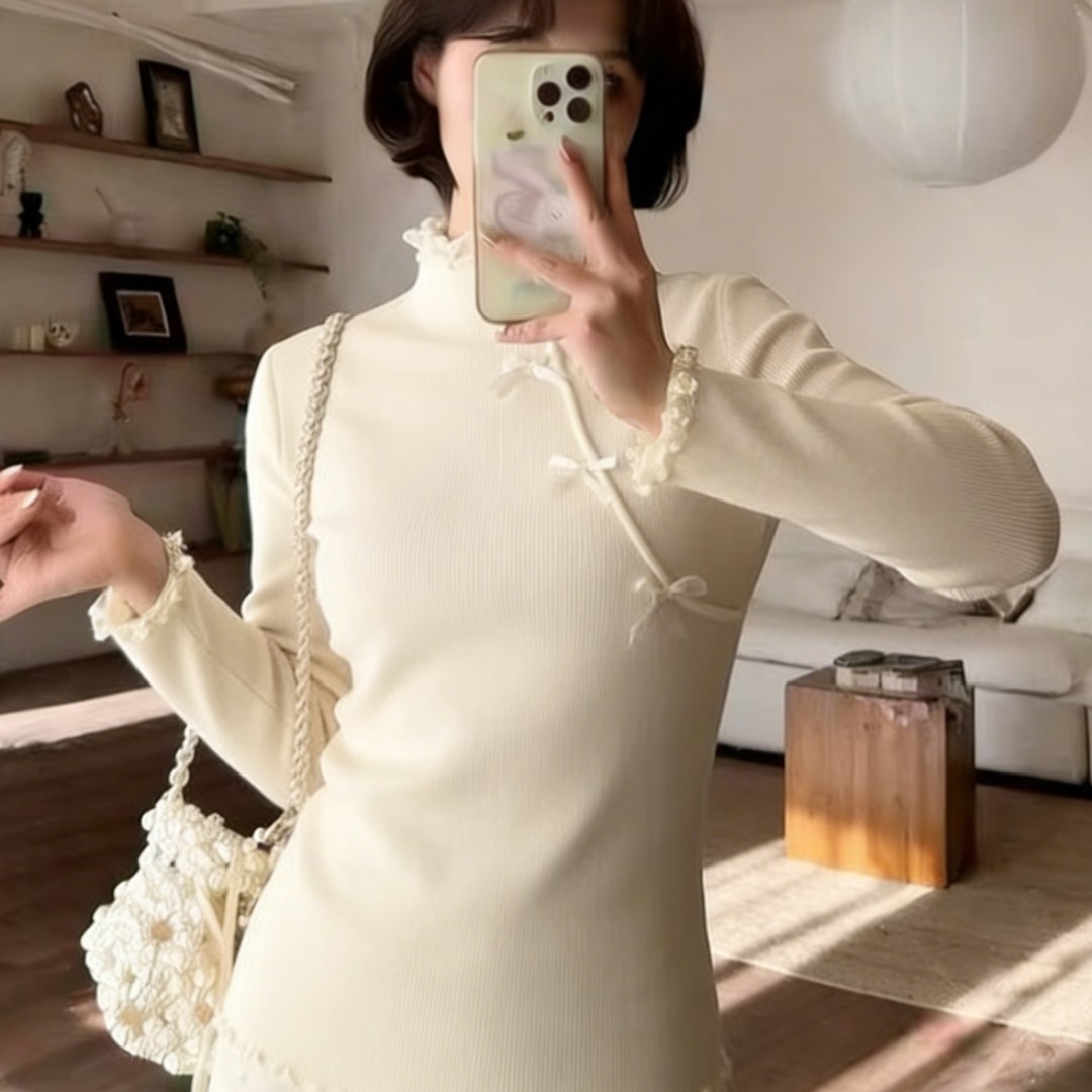 欧货高领蕾丝拼接蝴蝶结打底衫女