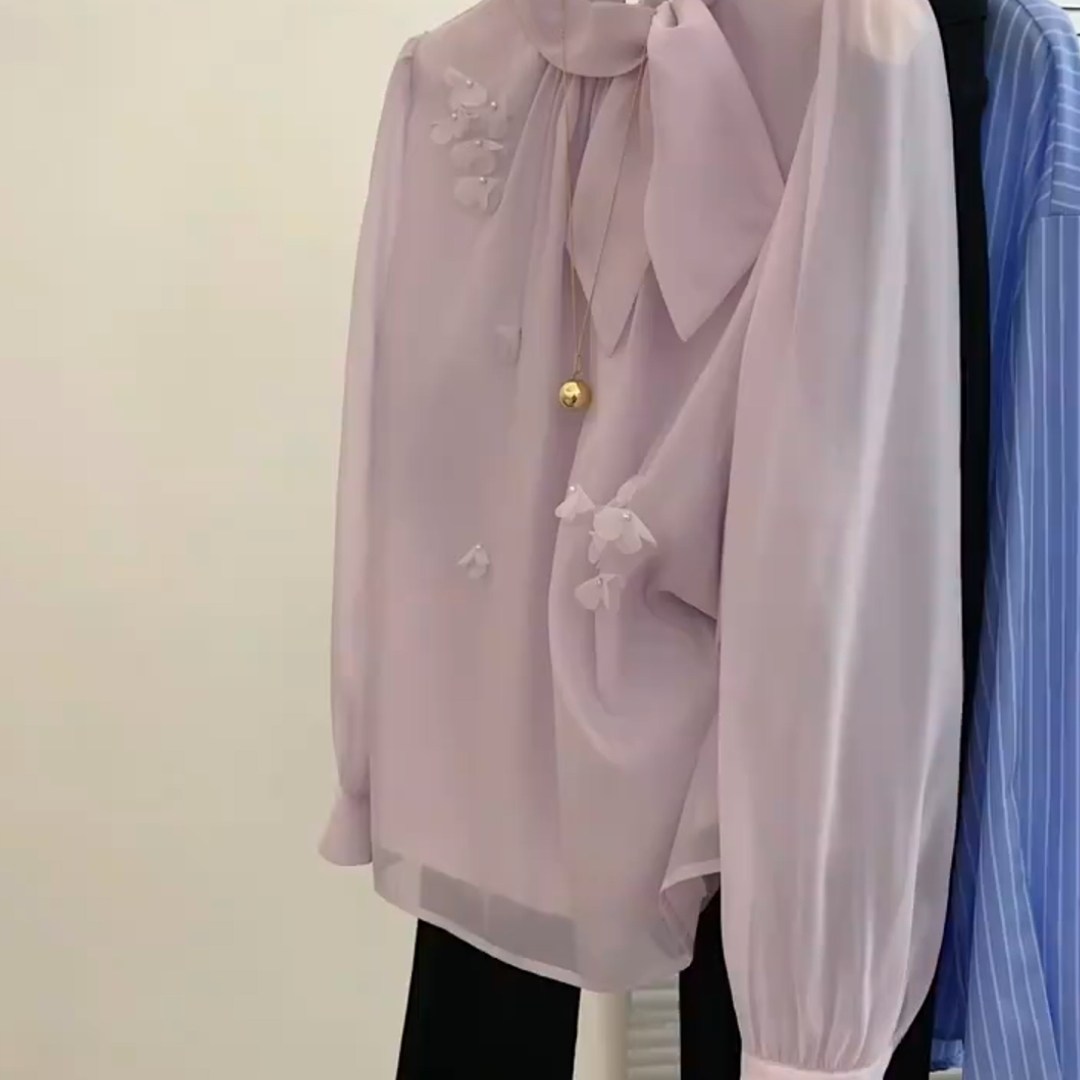 法式复古气质蝴蝶结飘带立领衬衫2025秋季时尚立体花朵钉珠上衣女,女装/女士精品,大码内搭,淘宝优惠券,粉丝福利购,淘宝优惠卷