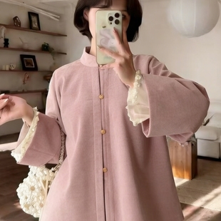 2025冬季新款国风复古日常通勤明制汉服清冷感粉色宽松胖mm上衣女
