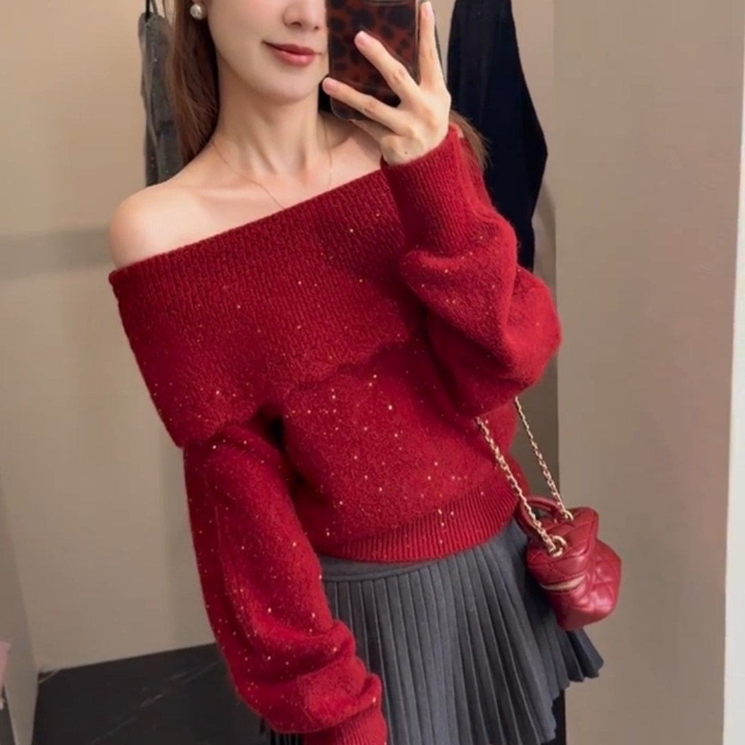 新年过年战袍红色一字肩毛衣女秋冬新款高级感露肩小个子针织上衣,女装/女士精品,大码内搭,淘宝优惠券,粉丝福利购,淘宝优惠卷