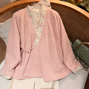 2025冬季新款中式传统美学加绒宽松系带粉色外套复古保暖明制汉服