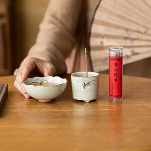 陶瓷家用线香香插禅意礼盒装 画续手绘竹子小香炉香道茶道套装 送礼