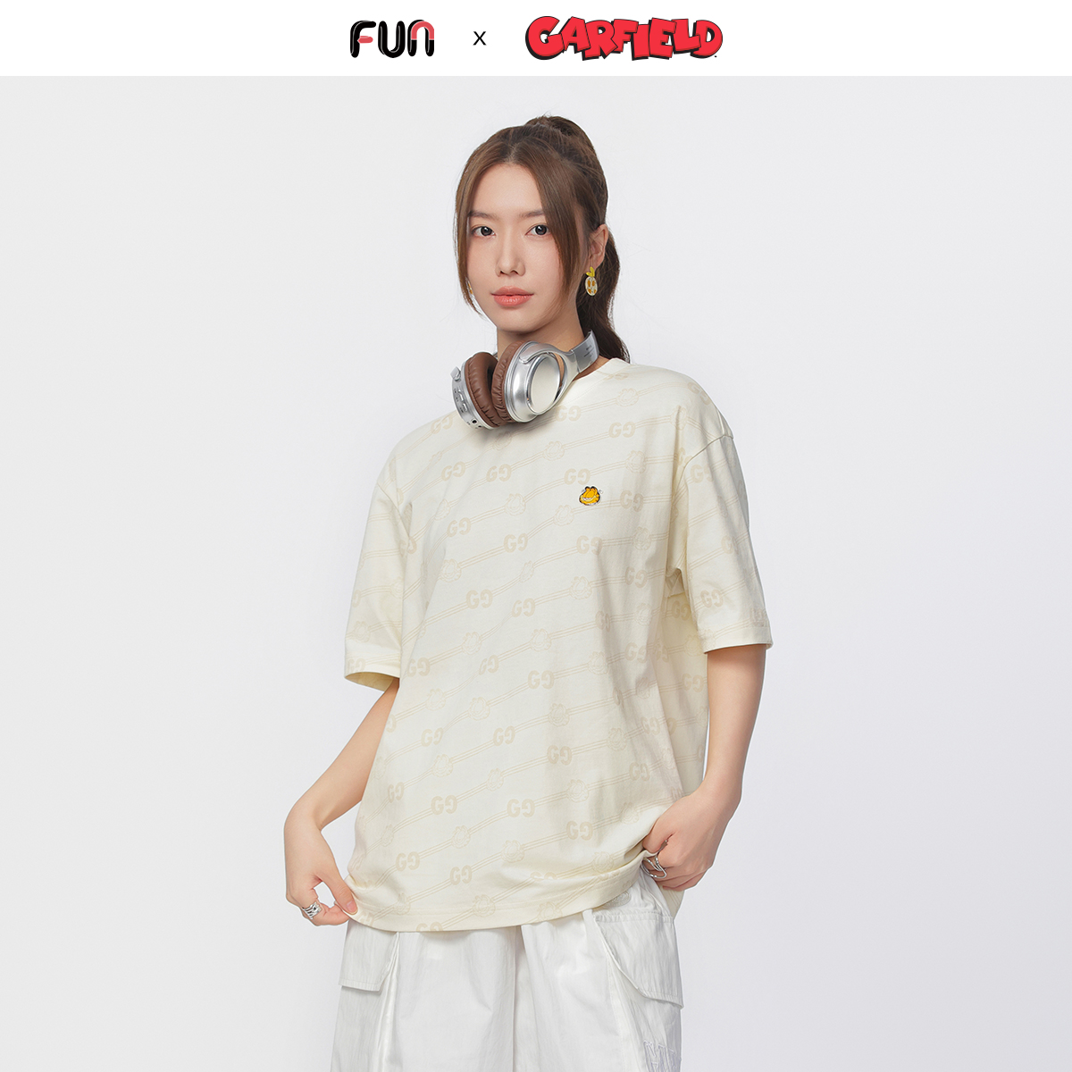 Fun潮牌圆领T恤男女同款2025年夏季加菲猫联名满印花休闲短袖t恤