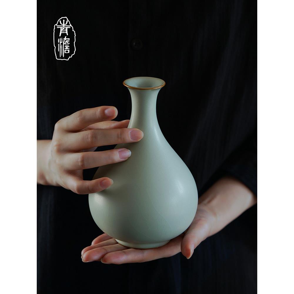 汝窑玉壶泉瓶景德镇陶瓷花瓶装饰品客厅插花无障碍豪华古董瓷器礼