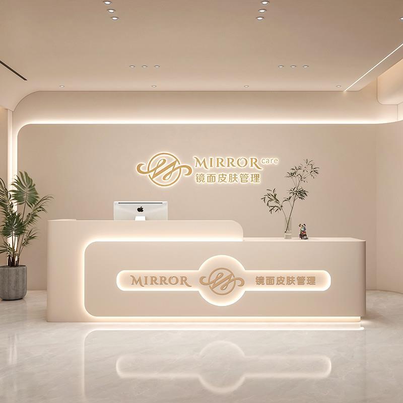智能美容院吧台公司前台接待台桌服装店婚纱摄影舞蹈室弧形收银台