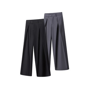 春秋美式立体褶皱廓形弯刀西裤男女生宽松直筒西装裤休闲阔腿裤男