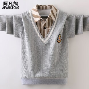 男童毛衣春秋款针织衫潮儿童衬衫领假两件中大童男孩上衣2025新款