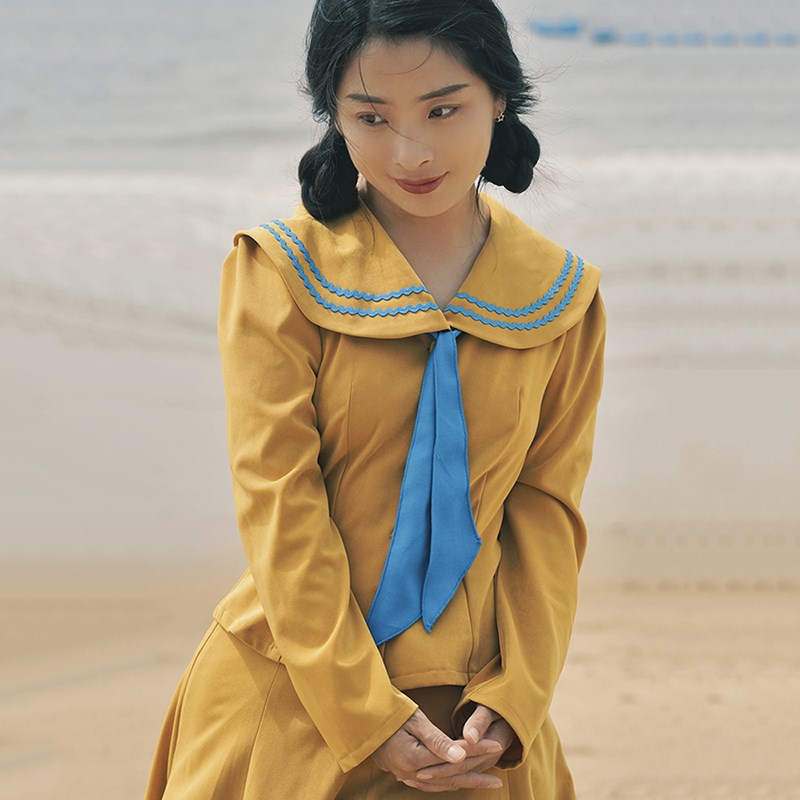南君/昭和复古姜黄色休闲海军风领带jk制服修身长袖上衣+半裙套装
