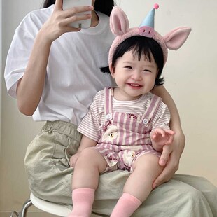 婴儿夏季短袖背带短裤套装女宝宝吊带连体衣T恤女童薄款外出爬服