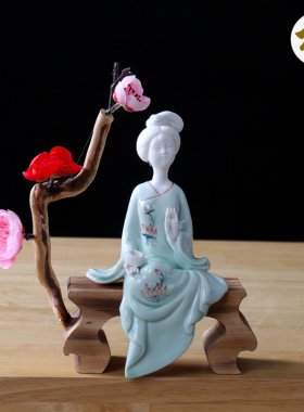 新中式陶瓷古典仕女摆件创意软装青瓷客厅办公室玄关装饰礼品摆件