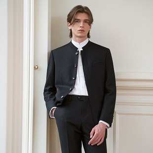 套装 澳嘉纯羊毛中山装 西装 中式 黑色立领宴会结婚礼服男 西服男士