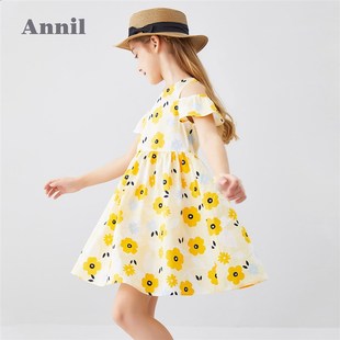 安奈儿童装女童纯棉连衣裙2024夏季洋气花朵中大童学生露肩裙子