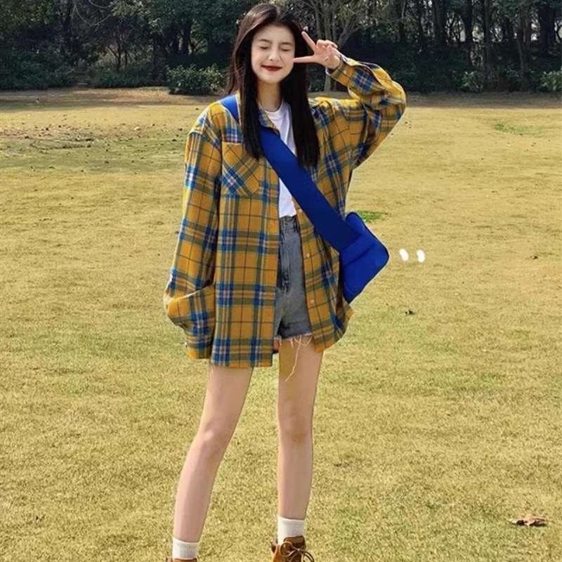 法式复古黄色格子衬衫防晒外套女春秋季薄款外穿宽松内搭长袖上衣