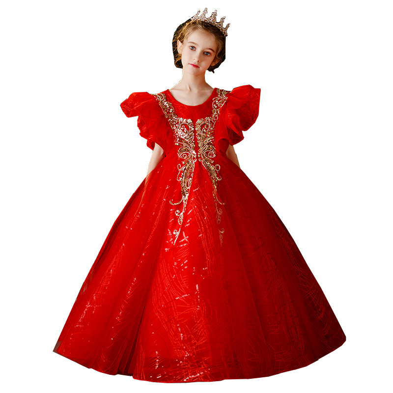 红色儿童礼服公主裙高端女童钢琴演出服洋气模特生日长袖秋冬长裙