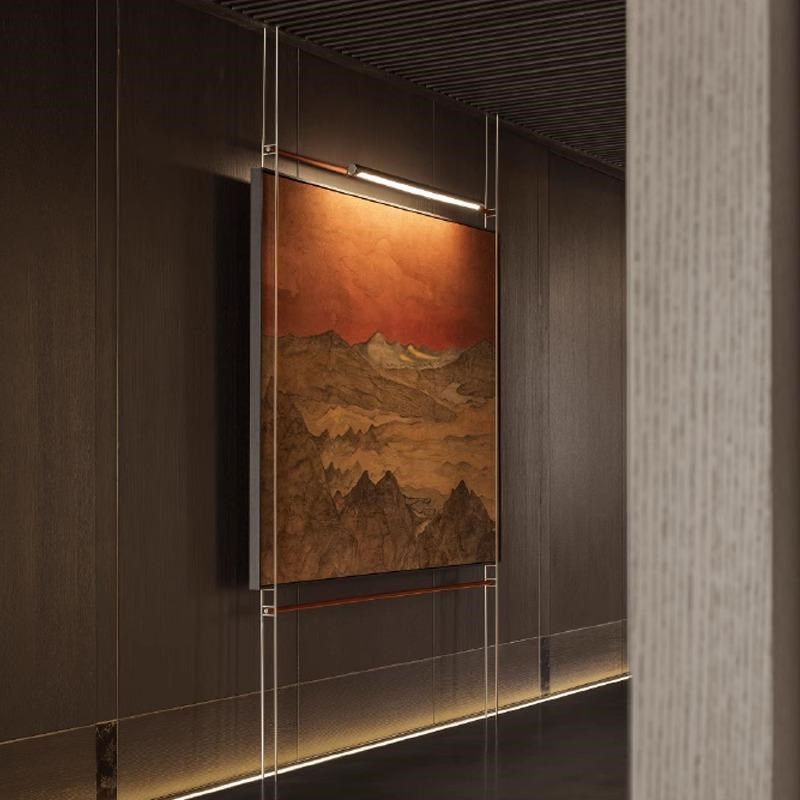 酒店复古铜金属支架灯光挂画玄关墙壁饰吊杆铁艺术装置现代装饰画