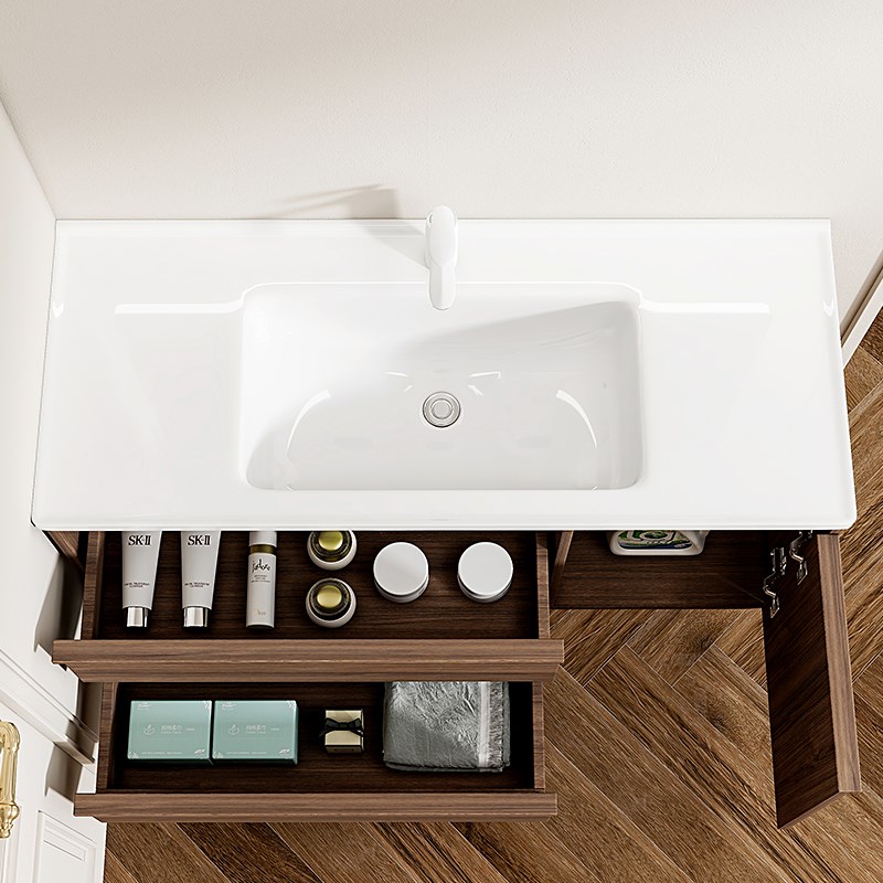 胡桃木骨骼线浴室柜陶瓷一体盆实木洗漱台卫生间洗手洗脸台