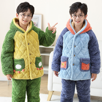 男童睡衣冬季三层夹棉加绒加厚女童中长款保暖家居服小孩卡通套装
