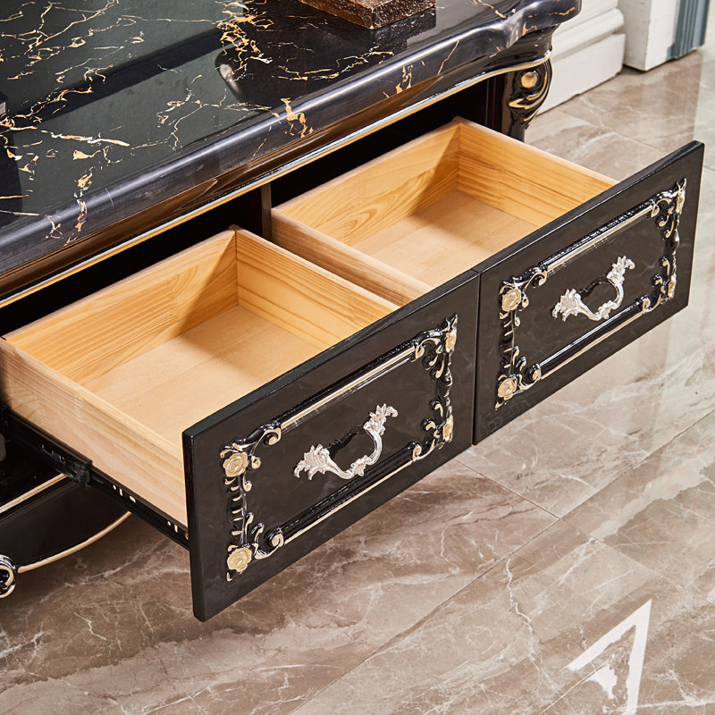 粤港家具  欧式大理石电视柜黑檀色 实木橡木雕花客厅电视柜地柜