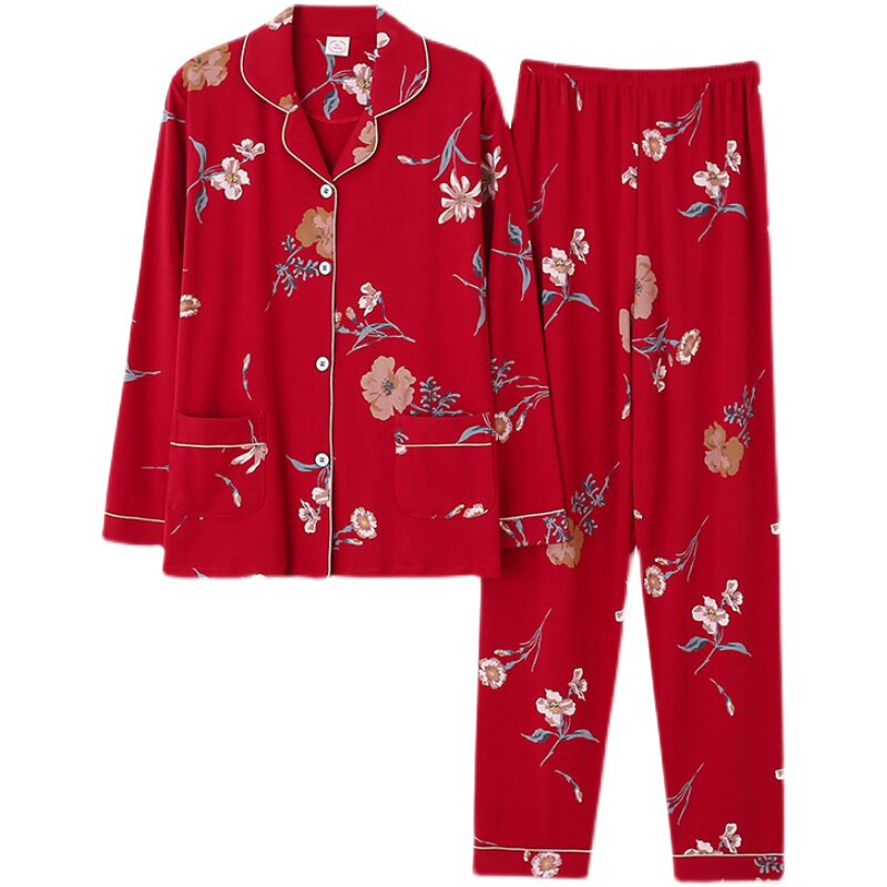 睡衣女士春秋天冬季纯棉长袖大红色开衫加大码中年妈妈家居服套装