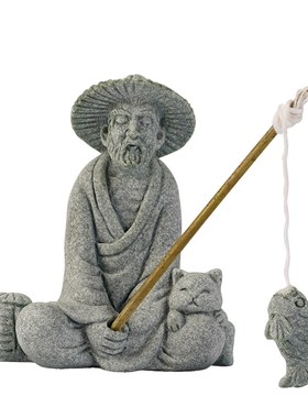 创意钓鱼翁茶宠摆件中式禅意老者钓鱼香插鱼缸盆栽造景桌面装饰品