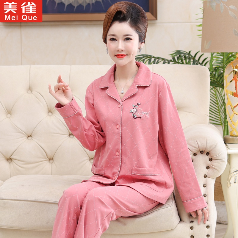 中年妈妈睡衣女春秋季长袖纯棉休闲春夏款中老年加大码套装家居服