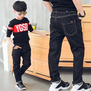 男童牛仔裤2023秋装冬装加绒加厚中大童黑色修身版裤子儿童长裤