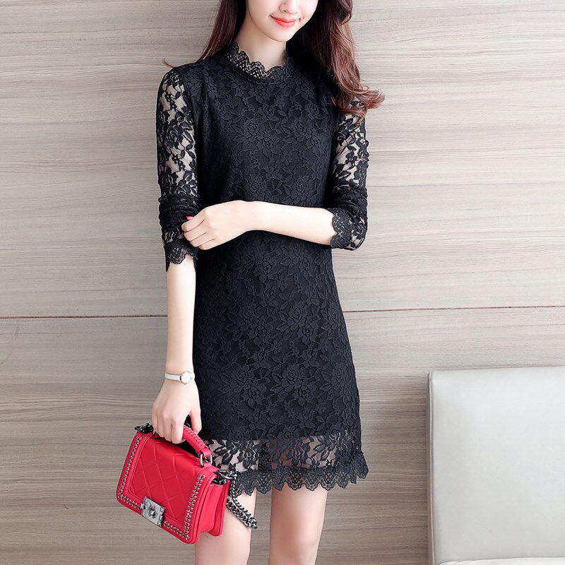 2024秋冬装新款加绒加厚打底衫百搭上衣长袖高领T恤中长款蕾丝衫