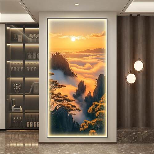 旭日东升玄关装饰画LED灯发光风景山水挂画日出东方客厅过道壁画