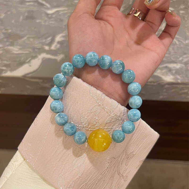 天然彩宝毕业级全妖花纹针钠钙石海纹石单圈手链手串转运珠蜜蜡女