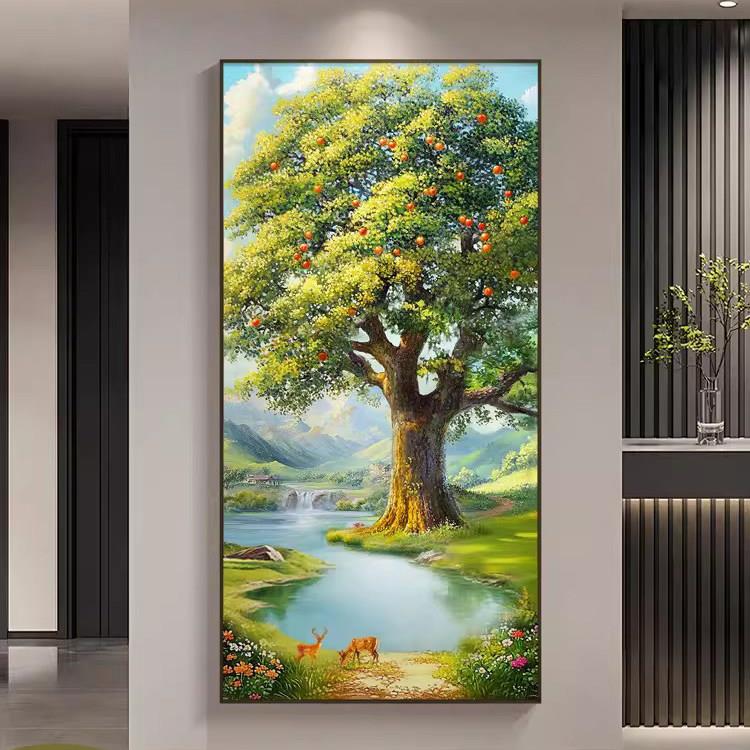 壁画装饰画入户玄关高级挂画风景过道森林聚宝盆风水大树小鹿山水