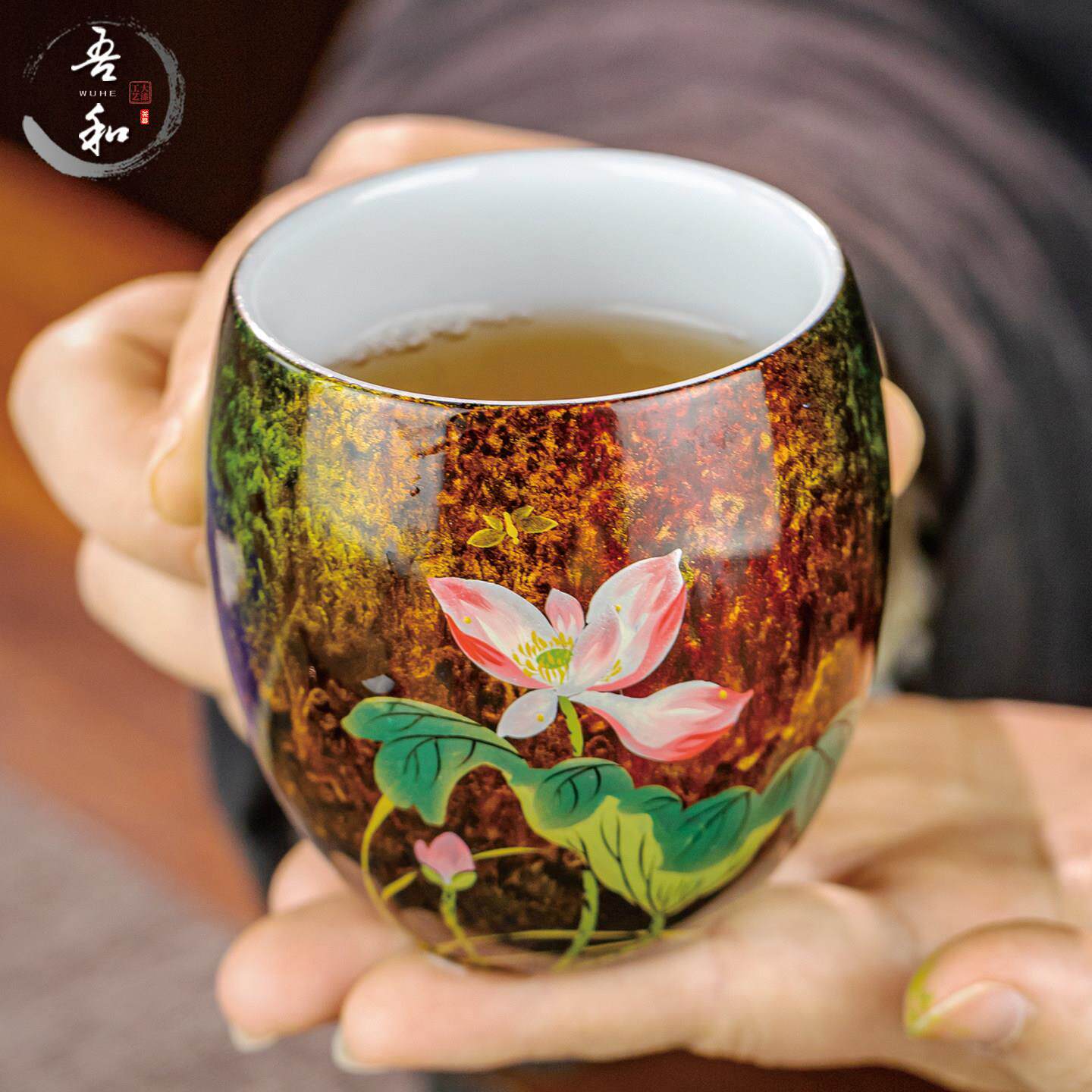 吾和漆器茶具 福州非遗大漆手绘荷花主人杯 德化璞玉白瓷送礼茶杯