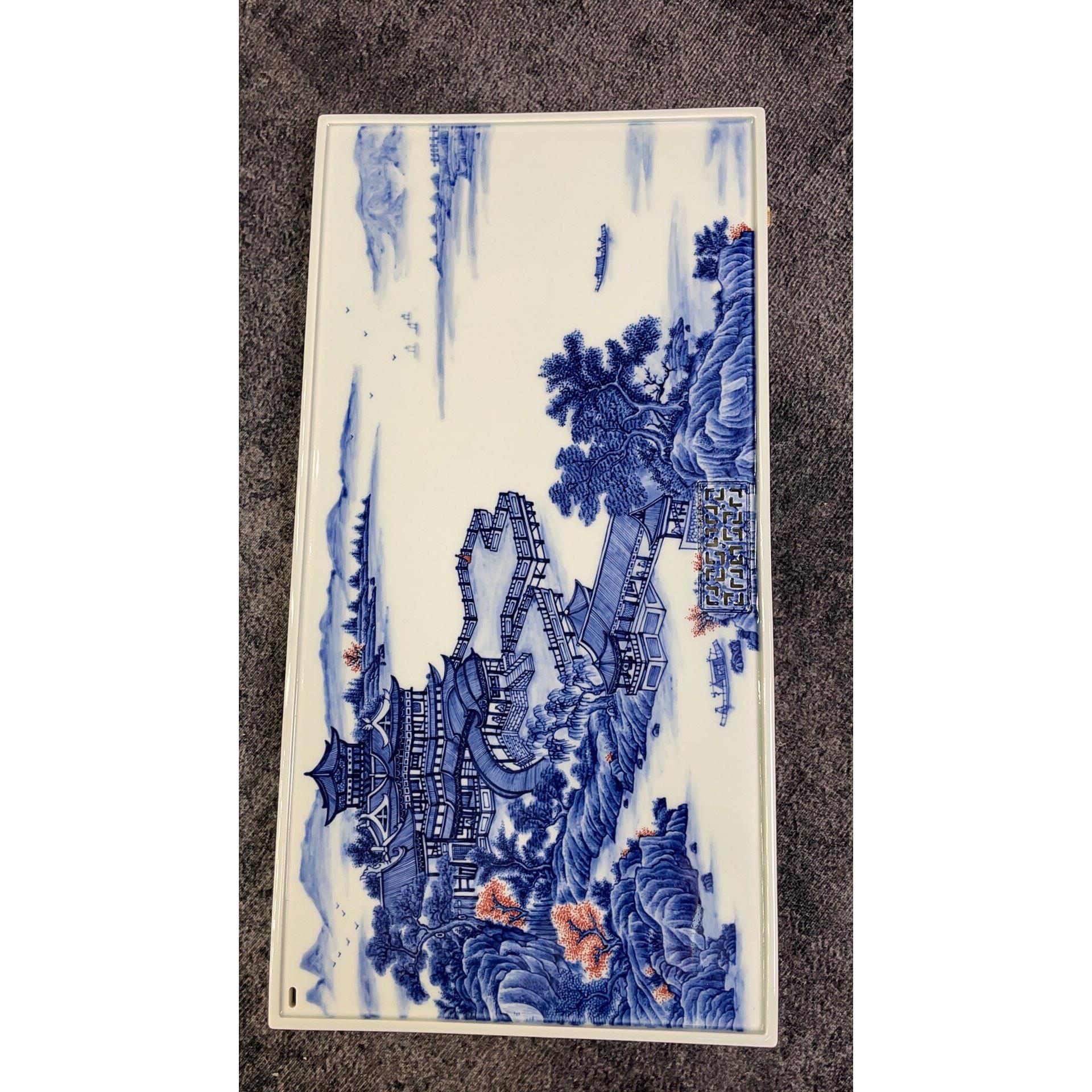 50*26彷清青花亭台楼阁干湿二用茶盘景德镇陶瓷茶盘排水式手绘