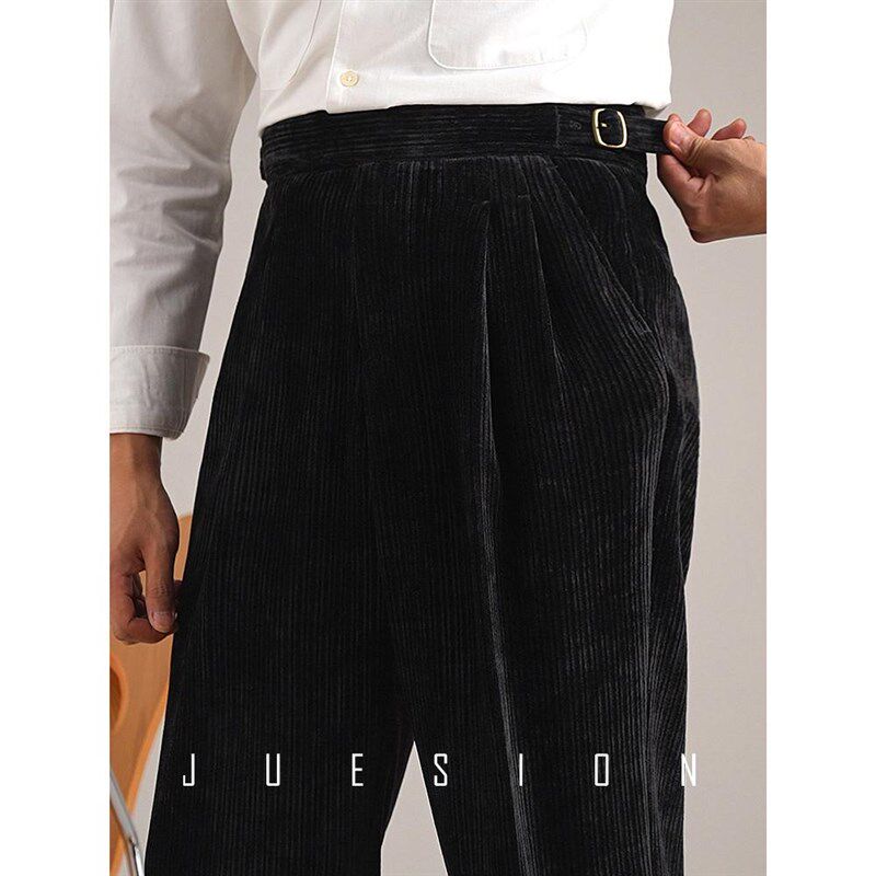 JUESION 意式廓尔格休闲西裤男高腰秋冬款复古灯芯绒双褶直筒长裤