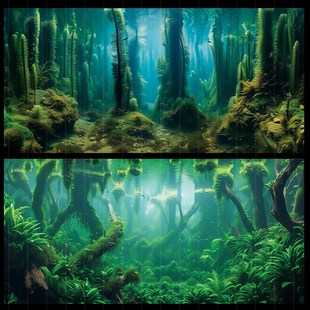 鱼缸背景贴纸贴画森林树木绿色水族箱造景装 饰3D立体正胶外贴定制