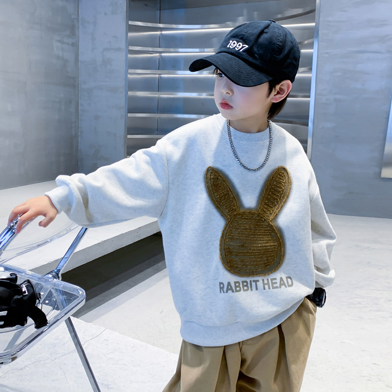 男童春秋装黑色兔子卫衣2023新款中大童衣服男孩秋冬加绒上衣潮