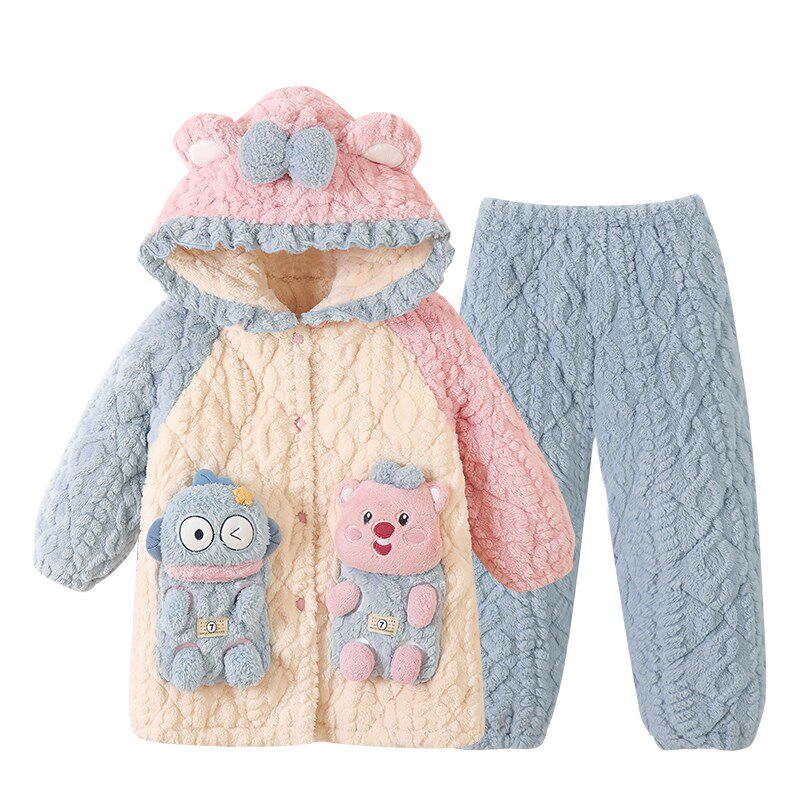 女童珊瑚绒睡衣秋冬款儿童三层夹棉睡袍套装2024新款冬季女孩浴袍