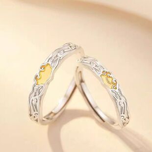 同心锁情侣S925纯银戒指一对男女小众设计感如意锁对戒情人节饰品