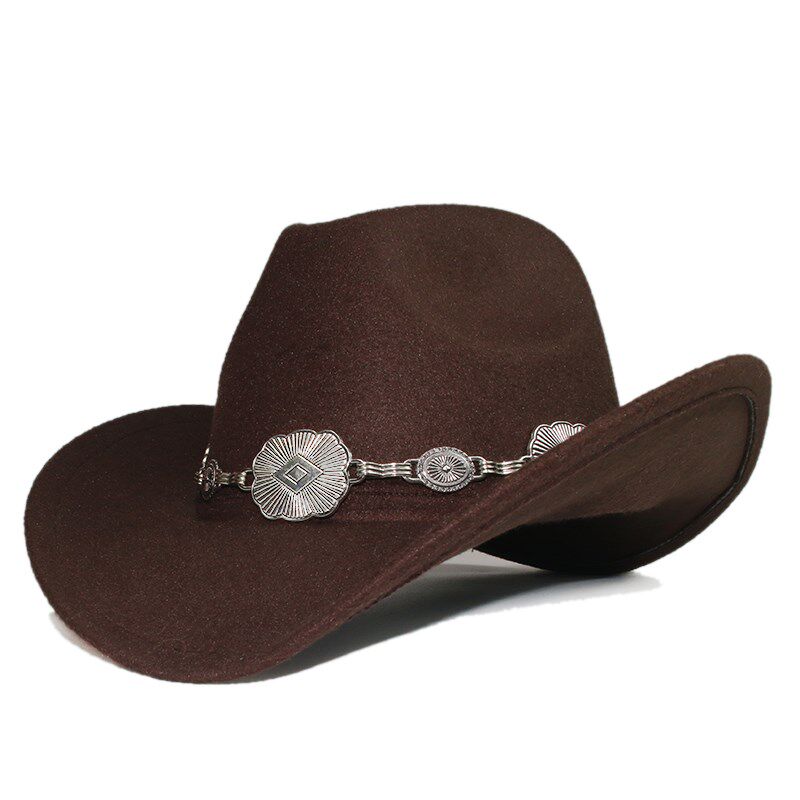 银色藏式图案铁链装饰男女毛呢西C部牛仔帽大沿宽边保暖帽遮阳防