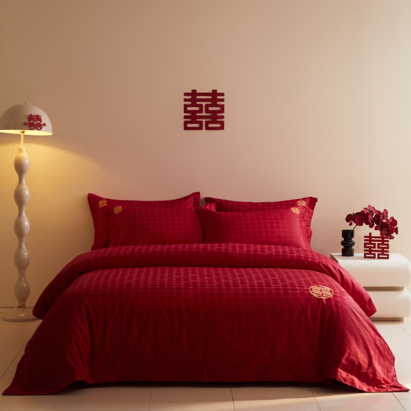 高档提花全棉婚庆四件套大红色纯棉床单被套婚房陪嫁喜庆床上用品