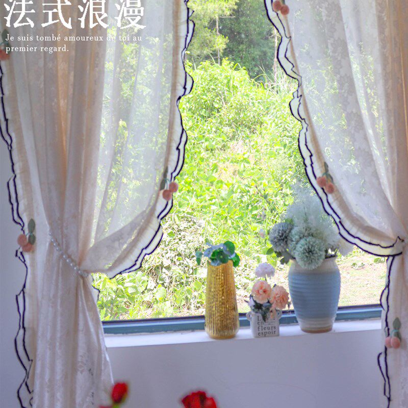 2025新法式奶油风格卧室暖窗帘C褶边纱窗帘无冲孔浮动半窗纱隔断