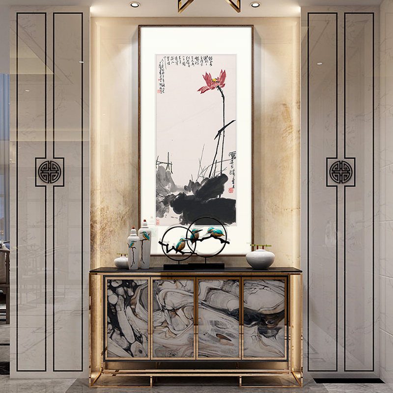 【十年老店】中式玄关装饰画走廊竖E版国画过道茶室背景挂画朱荷