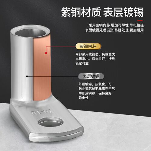 直角90度折弯铜鼻子lL型镀锡10/16/25/35-8/50冷压接线端子铜线耳