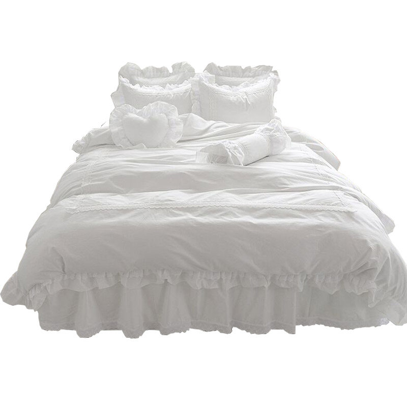 韩式斜纹全棉四件套纯白色公主风床单纯棉被套1.8m床裙式床上用品