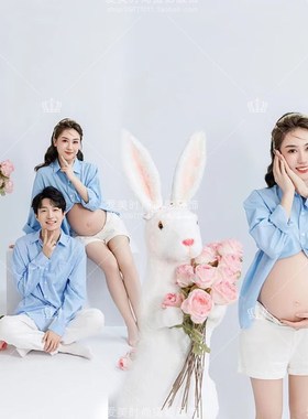 23年兔年影g楼孕妇情侣主题新款简约蓝色衬衫孕妈咪主题夫妻拍照