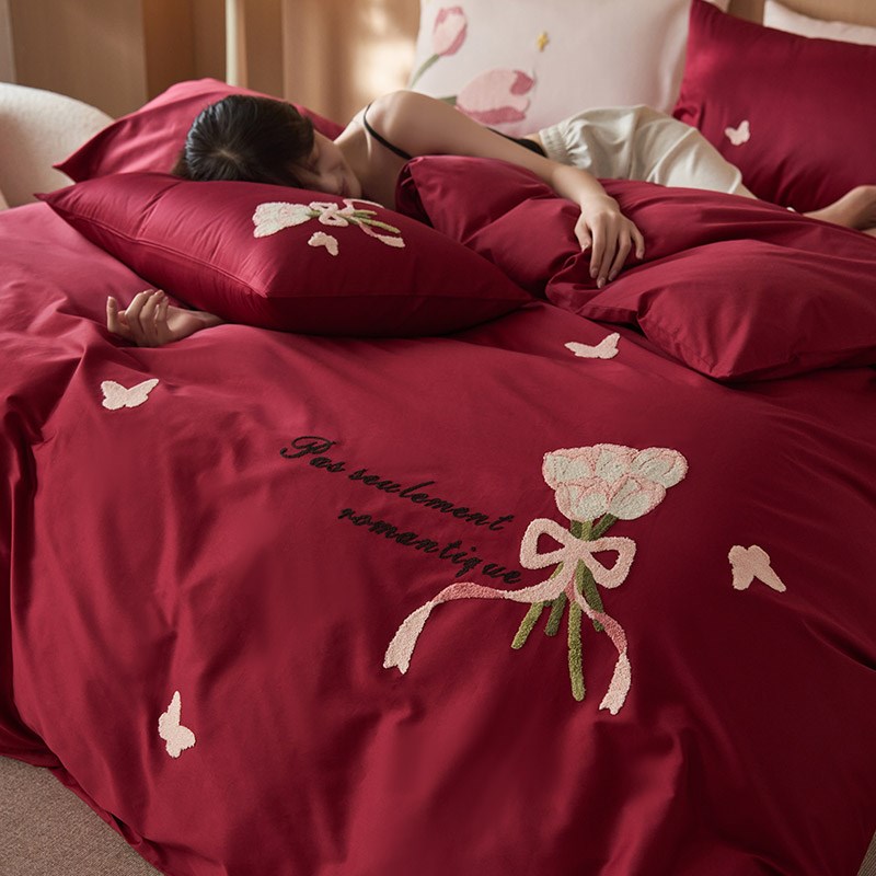 秋冬婚庆100S全棉磨毛四件套花卉毛巾绣加厚结婚被套喜嫁床品红色