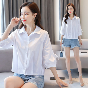 小个子女生白衬衫女七分袖夏x季新款心机设计感韩版宽松纯棉衬衣
