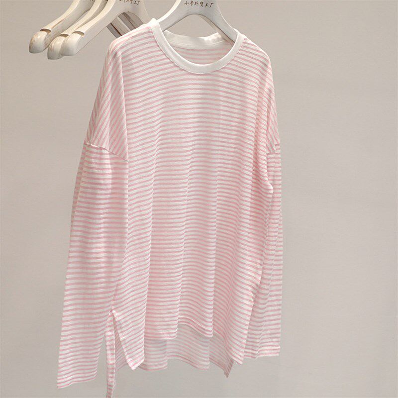 潮货推荐。爆炸好穿!p高街薄款长袖条纹T恤女百搭防晒空调罩衫潮