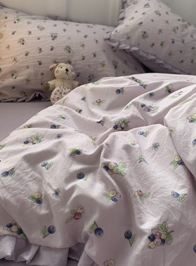 A类双层纱水洗棉紫色小葡萄少女心四件套1.8米1.5m被套三件式床组