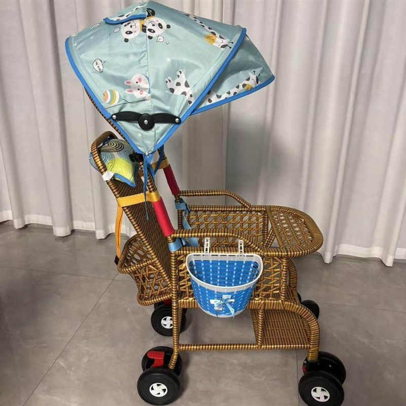 婴幼儿竹藤推车可坐躺藤椅宝宝小推车夏J季加大彷藤轻便座椅儿童